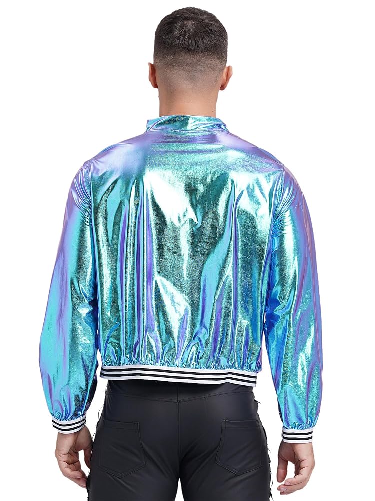QinCiao Men's Shiny Holographic Zip Up Bomber Jacket